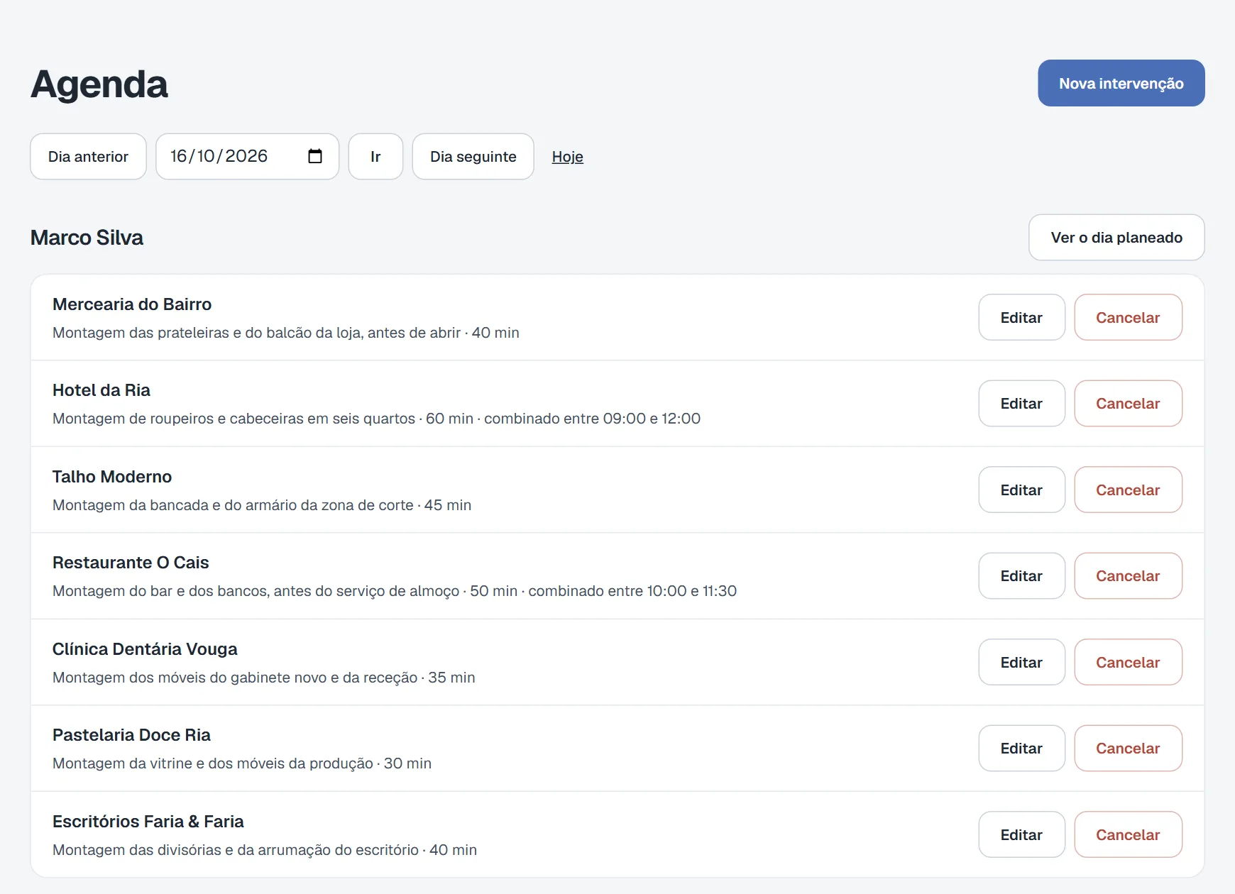 A agenda do dia de um técnico: sete montagens em clientes, com a descrição e a duração de cada uma.