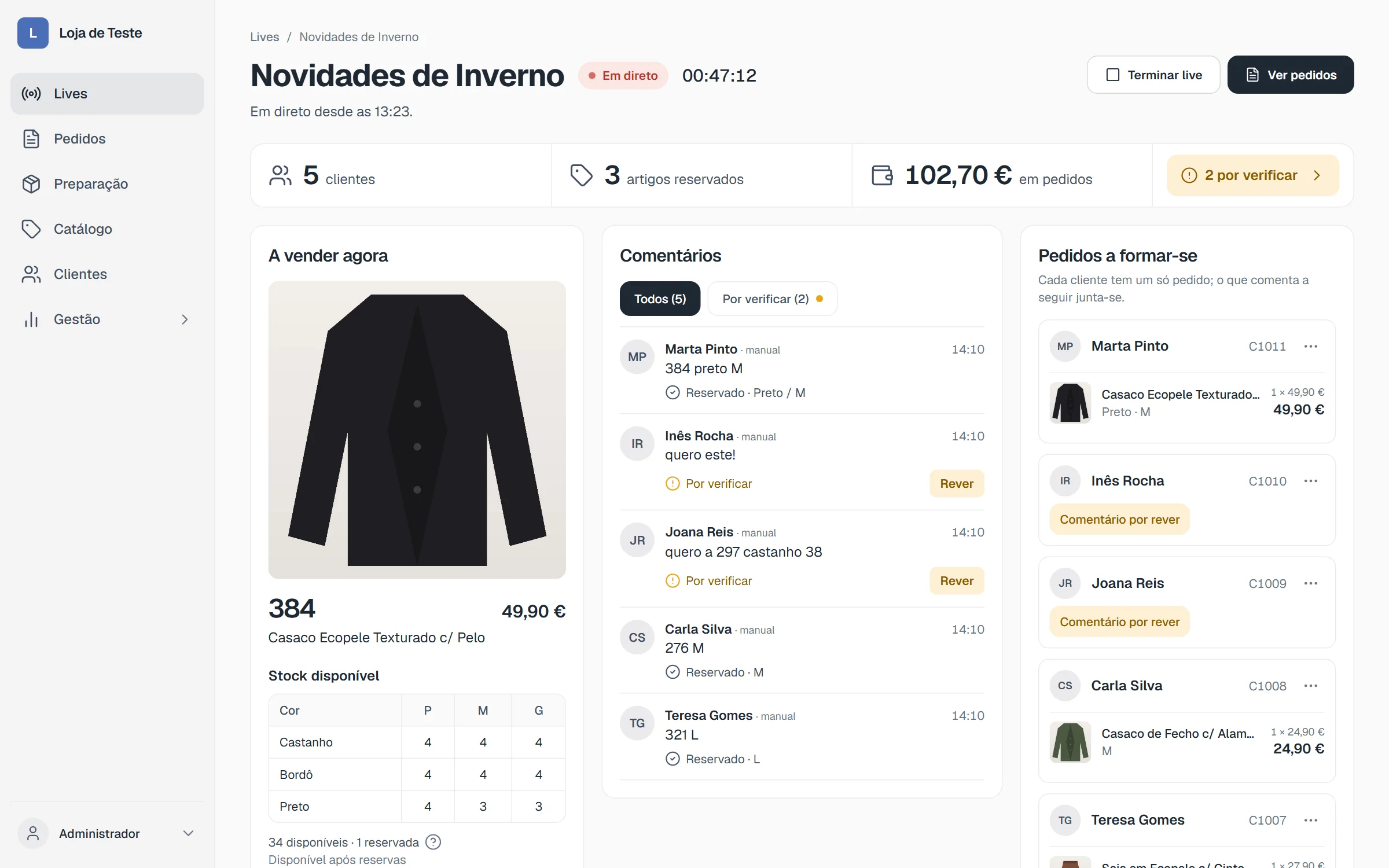 O painel de uma live em direto: a peça que se está a vender, os comentários das clientes e os pedidos a formar-se.