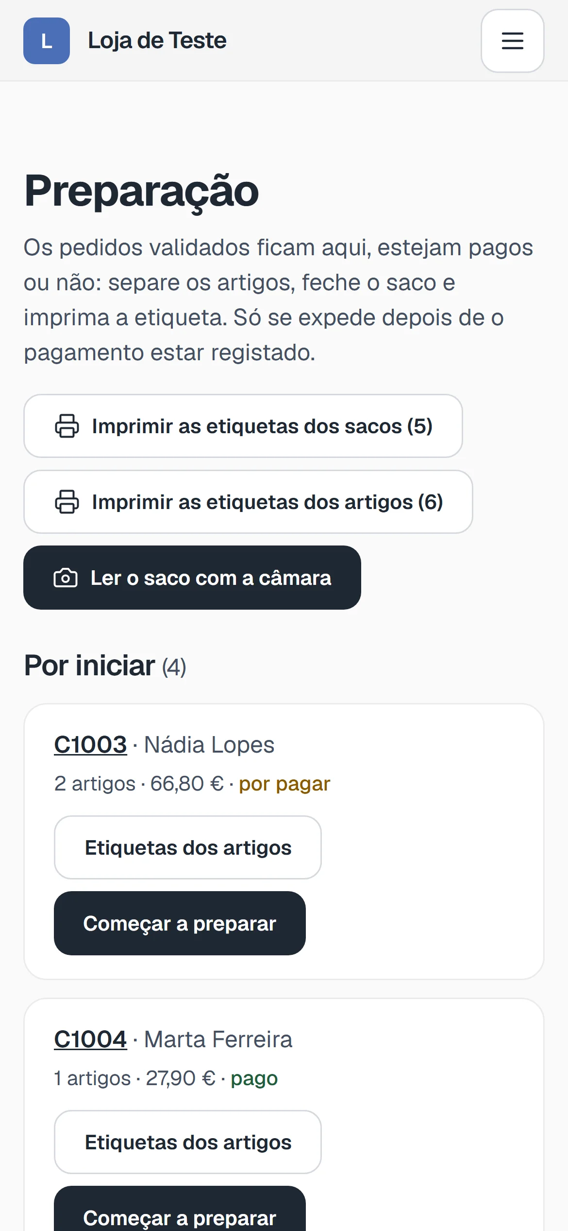 A preparação das encomendas no telemóvel.